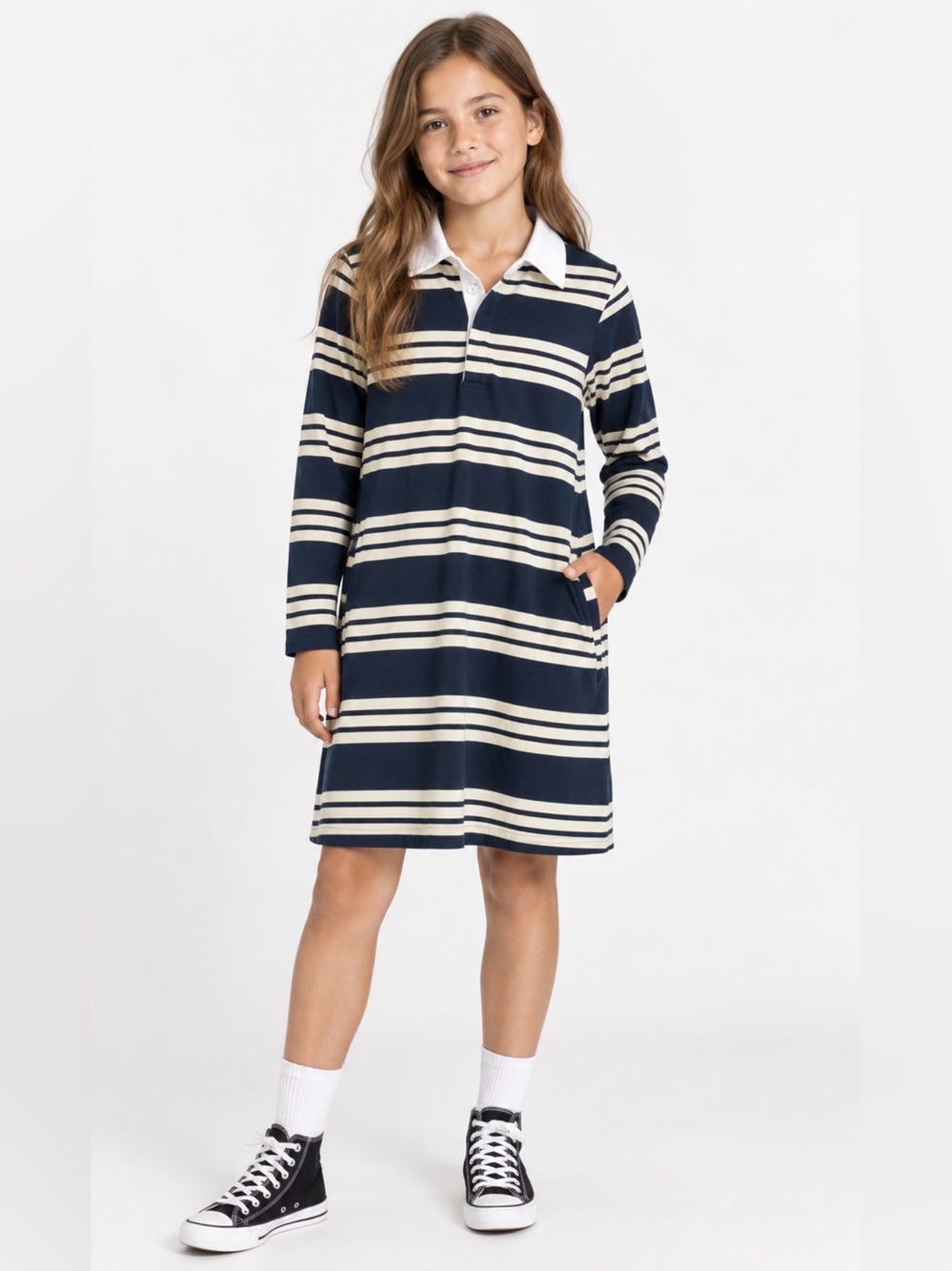 Gap Long Sleeve Navy and Cream Striped Rugby Dress